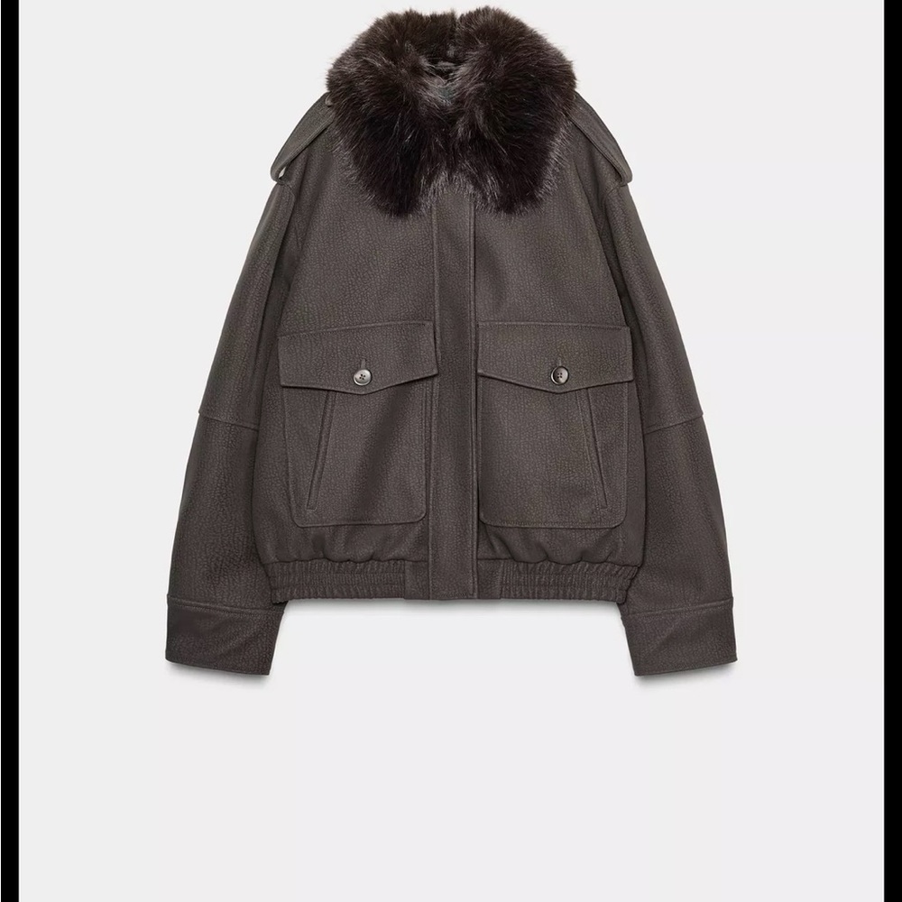 Taupe leather bomber jacket with fur trim